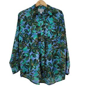 Vintage Leena Studio Sz M Green Floral Print Silk Blouse 90s Retro Shirt Artsy